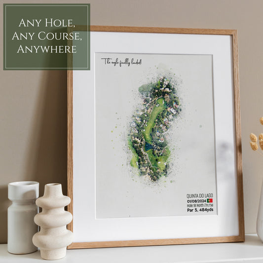 Personalised Golf Print – Custom Aerial Golf Course Map ANY HOLE Worldwide with hole details and your own Bespoke Text – Hole in One Gift for Men Women, Golf Art, Father's Day, Birthday or Retirement